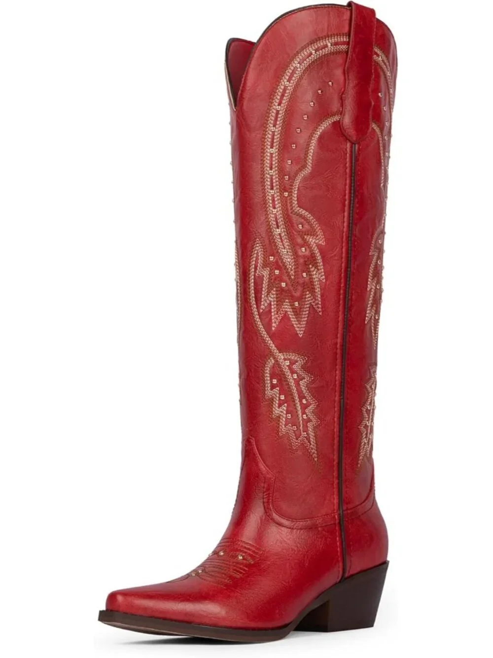 Women's Red Knee High Cowgirl Boots Pointed Toe Slip On Chunky Heel